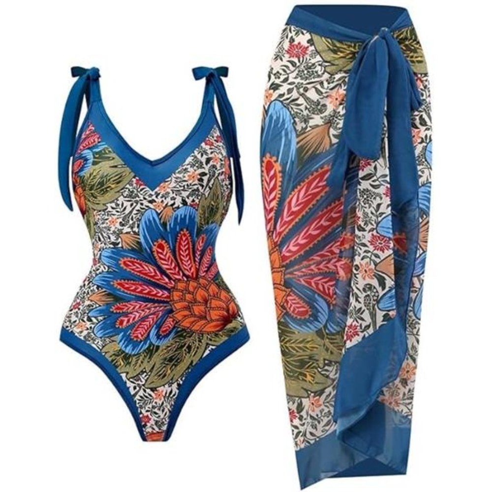 Women Swimsuits V Neck Floral One Piece with Cover Up, Blue Pineapple